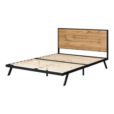 South Shore Queen Milton Metal Framed Bed Set Nordik Oak/Matte Black: Laminated Finish, No Box Spring Needed