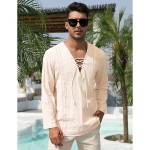 Men's Cotton Linen Henley Shirt Lace Up Long Sleeve V Neck Casual Beach Hippie Shirts - 1 of 4