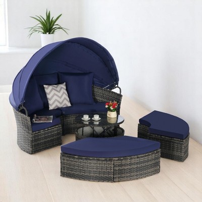 5-Piece Patio Wicker Daybed Set with Retractable Canopy, Storable Side Table, and Washable Cushions – Outdoor Furniture Set