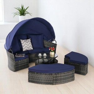 5-Piece Patio Wicker Daybed Set with Retractable Canopy, Storable Side Table, and Washable Cushions – Outdoor Furniture Set - 1 of 4