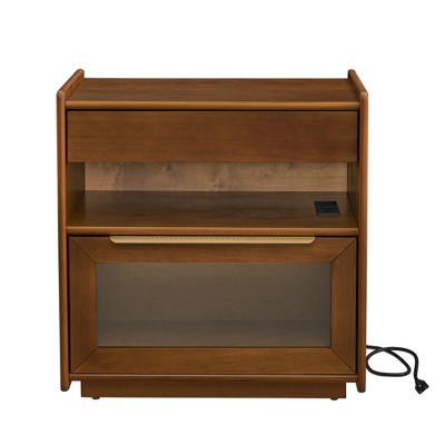 Lirago Mid Century Modern Nightstand with Charging Station 2 Drawers Open Shelf Dark Walnut 24.4"H x 15.75"D x 23.6"W