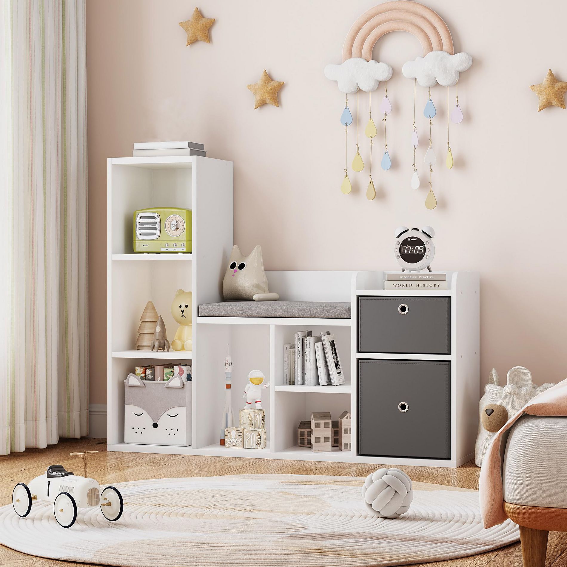 44" Kids Bookshelf Toy Storage with Reading Nook & Seat Cushion, 6 Cubby & 2 Drawers, Playroom Toy Organizer for Kids Room, Child Room Storage