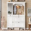 KWPZQEB Hall Tree with Shoe Cabinet and Mirrored Cabinet Door, 4-in-1 Coat Rack with 2 Flip Drawers, 4 Hooks & 2 Cabinets for Hallway, Entrance, White - 2 of 4