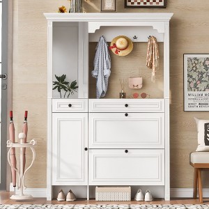 TIRAMISUBEST 4-in-1 Hall Tree with Integrated Shoe Cabinet & Mirrored Cabinet Door, Coat Hanger Entryway Bench w/ 2 Flip Drawers, 4 Hooks & 2 Cabinets - 1 of 4
