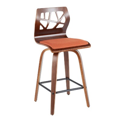 Folia Mid-Century Swivel Counter Stool Set in Orange, Walnut, and Black
