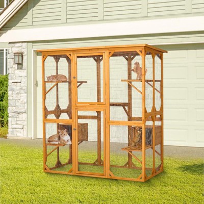Wooden Catio Outdoor Cat Enclosure 72 Wooden Cat House with 3 Jumping Platforms 2 Napping Houses Feral Cat Shelter for Multiple Cats