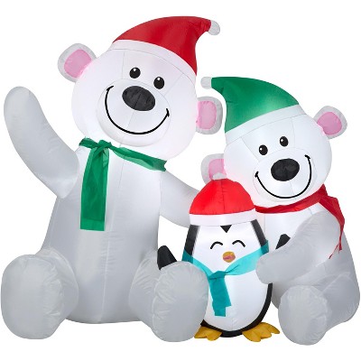 Gemmy Christmas Airblown Inflatable Polar Bear family w/Penguin Scene, 3.5 ft Tall, white