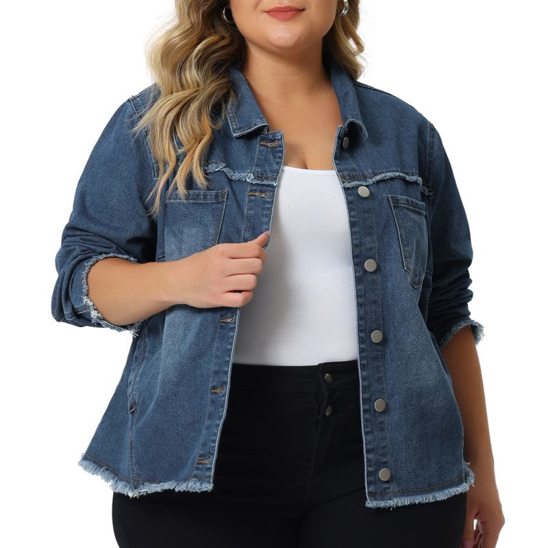 Agnes Orinda Women's Plus Size Button Up Frayed Hem Long Sleeve Casual Jean Jackets, 2 of 6