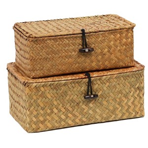 Aoibox Set of 2 Wicker Basket with Lid Seagrass Woven Decorative Storage Bins for Organizing Home and Closet - 1 of 4