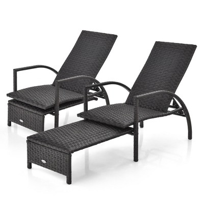 Tangkula 2PCS Outdoor Chaise Lounge Rattan Recliner w/ Retractable Ottoman for Patio
