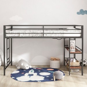 Gulches sturdy twin loft bed black with Cinnamon wood shelf for kids, space saving, Loft Bed with Ladder and Guardrails, Loft Bed Frame for Bedroom - 1 of 4