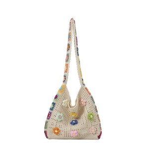 Alilang Crochet Shoulder Bag with Flower Applique and Wide Strap