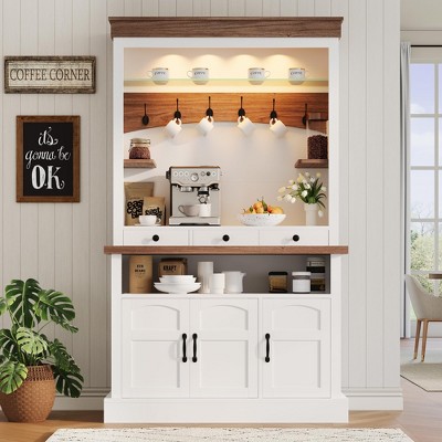 72'' Tall Farmhouse Coffee Bar Cabinet with LED Lights,Kitchen Buffet with Doors & Drawer