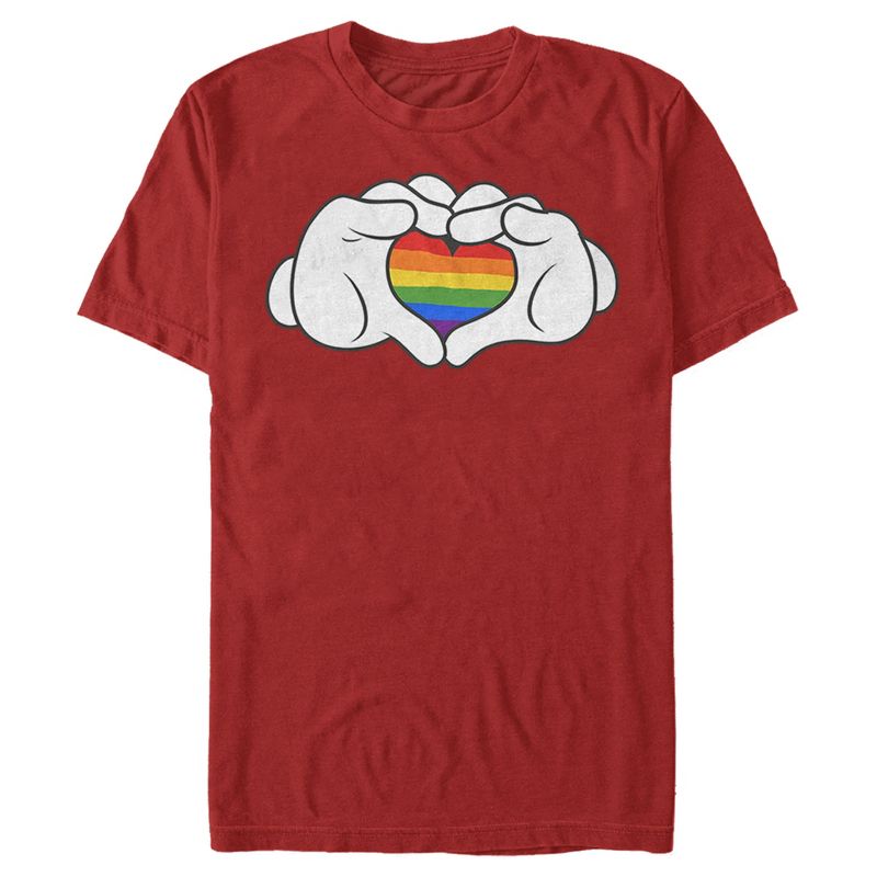 Men's Mickey & Friends Mickey Mouse Glove Rainbow Heart T-Shirt, 1 of 6