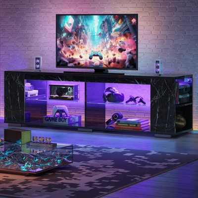 Pinmoco 80" LED TV Stand, Gaming Entertainment Center with Bookshelf & 4 Open Shelves, Black