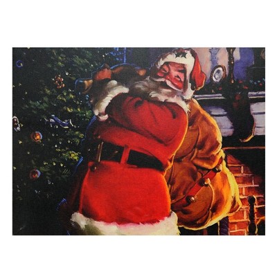 Northlight LED Lighted Jolly Santa Claus with Bag of Gifts Christmas Canvas Wall Art 11.75" x 15.75"