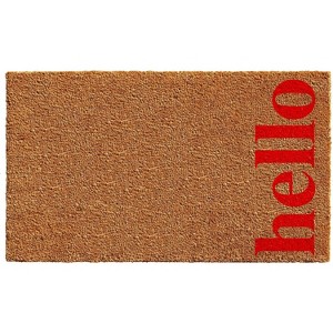 HomeRoots 17" X 29" Natural And Red Hello Outdoor Coir Door Mat - 1 of 4
