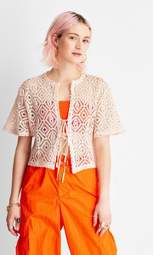 Women's Short Sleeve Tie-Front Crochet Shirt - Future Collective™ with Alani Noelle Tan