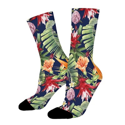 Jungle Forest Hibiscus Flower Women Printed Crew Socks Funny Funky Socks Soft Polyester Novelty Gifts for Artists Men