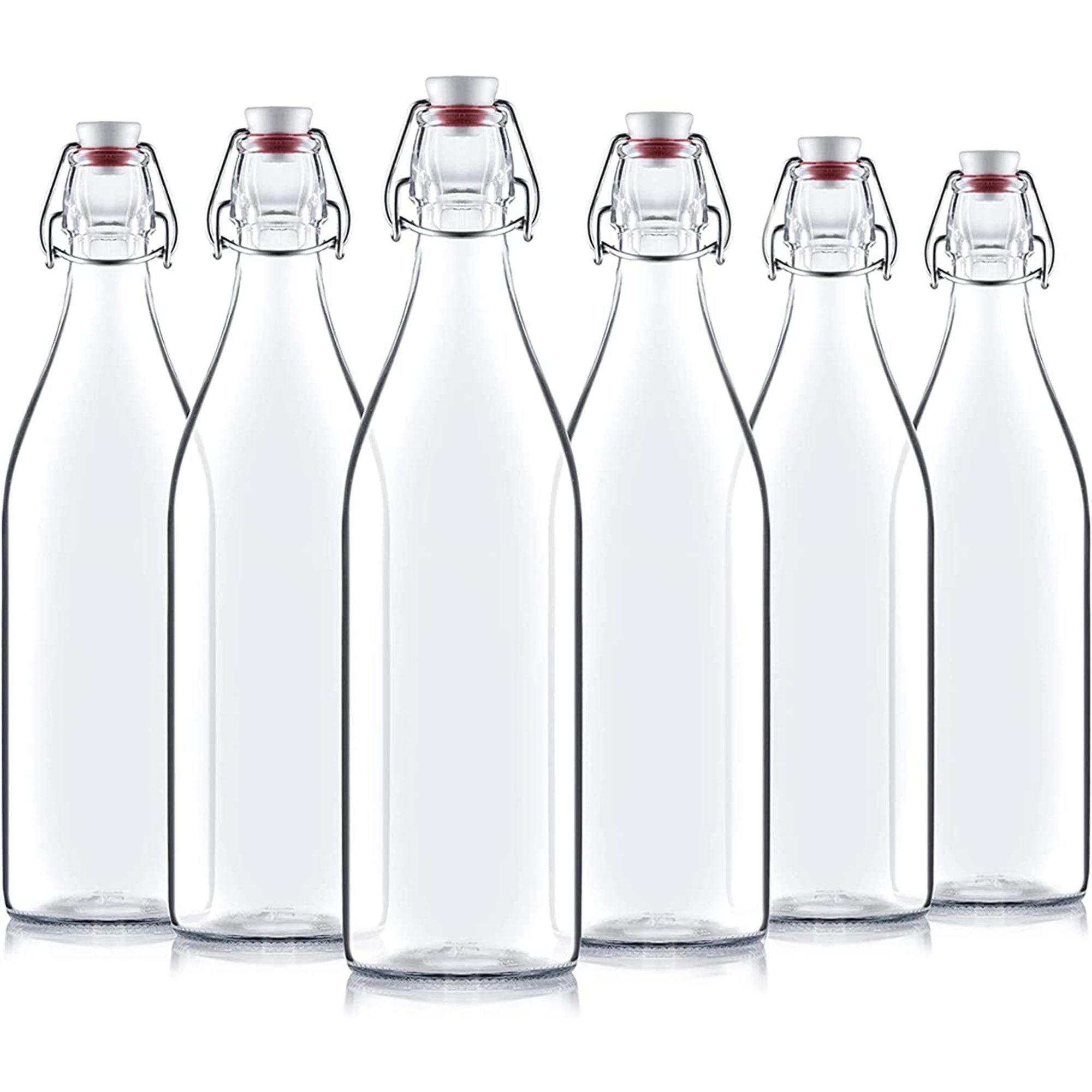 Bormioli Rocco Giara Swing Top Bottles, Set of 6 - 33.75 Oz. Clear Airtight Glass Bottles with Hermetic Clamp Closure & Rubber Gasket