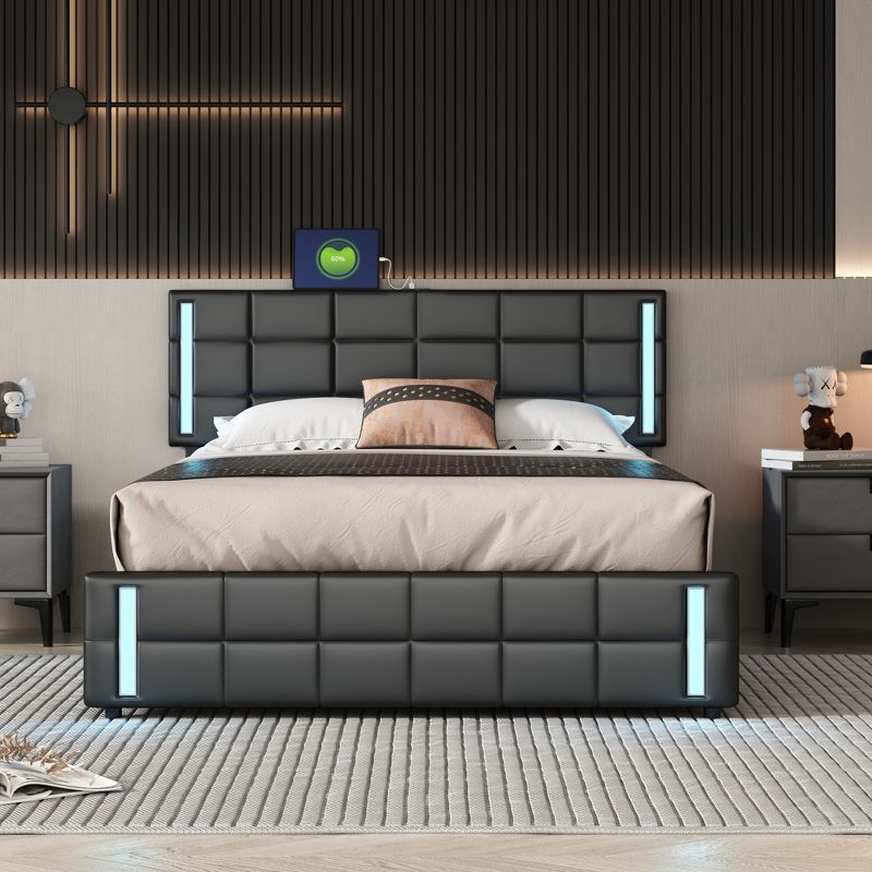 Queen Size PU Upholstered Platform Bed with LED Lights and USB Charging, Storage Bed with 4 Drawers - ModernLuxe, 2 of 13