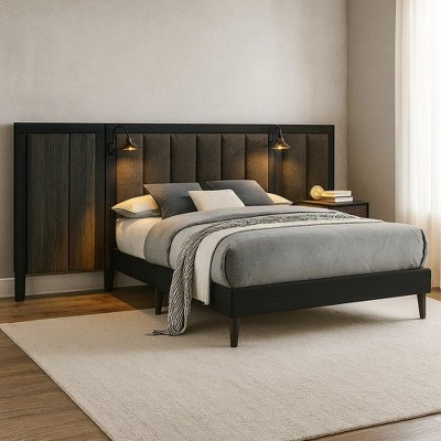 Royal Hampton Queen Size Bed, Dark Brown Wood Frame, Upholstered Headboard