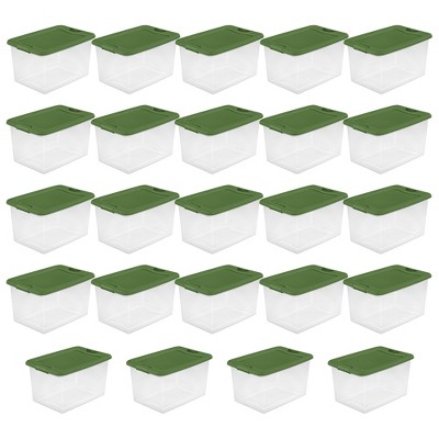 Sterilite 64 Qt Latching Plastic Stacking Holiday Storage Bin with Latching Lid, Plastic Container to Organize Closets, Clear with Green Lid