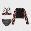 Girls' Floral and Striped 3pc Bikini Set with Rash Guard - art class™ Black - image 2 of 3