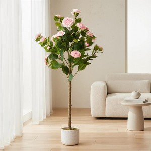 EcoSummer 3.6FT Artificial Camellia Tree 2-Pack, Faux Pink Flower Plants in White Planters for Home Office - 1 of 4