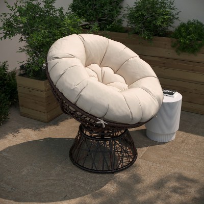 360° Swivel Patio Chair with Beige Cushion and Brown Metal Frame