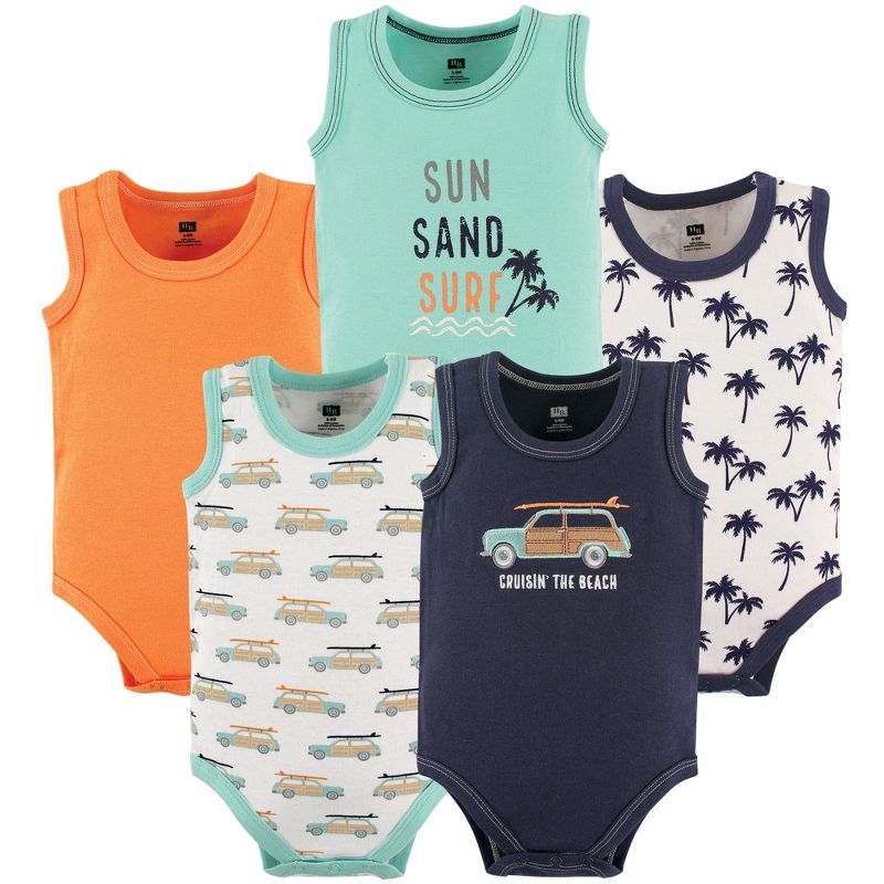 Hudson Baby Infant Boy Cotton Sleeveless Bodysuits 5pk, Surf Car, 1 of 4