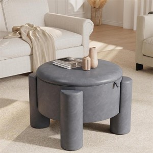 Storage Ottoman with Removable Top, Faux Leather Round Coffee Table & Upholstered Footrest - 1 of 4