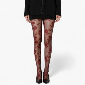 Anna-Kaci Women's Sheer Floral Pattern Tights with Bold Rose Motif and Stretch Mesh Design - Red - 1 of 4