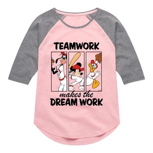 Girls' - Disney - Teamwork Makes The Dream Work Shirt Tail Raglan Graphic T-shirt - 1 of 4