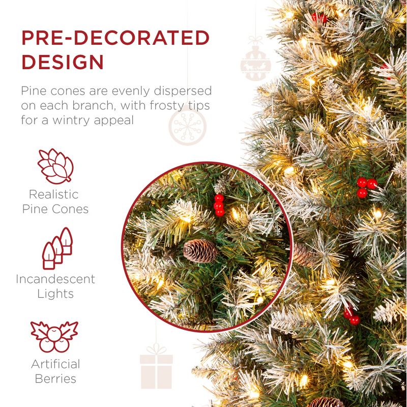Best Choice Products Pre-Lit Pencil Christmas Tree, Pre-Decorated, Frosted w/ Flocked Tips, Lights, Base, 3 of 10
