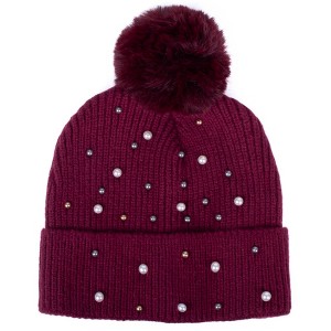 Women's Solid Color 100% Acrylic Knit Hat with colorful pearls and pom - 1 of 4