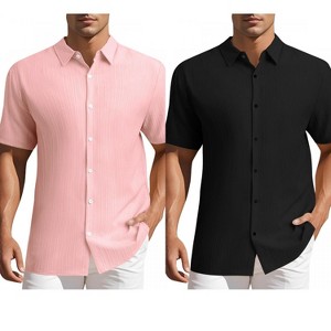 INSPIRE CHIC Men's Summer Point Collar Short Sleeves Button Down Linen Shirts 2 Packs - 1 of 4