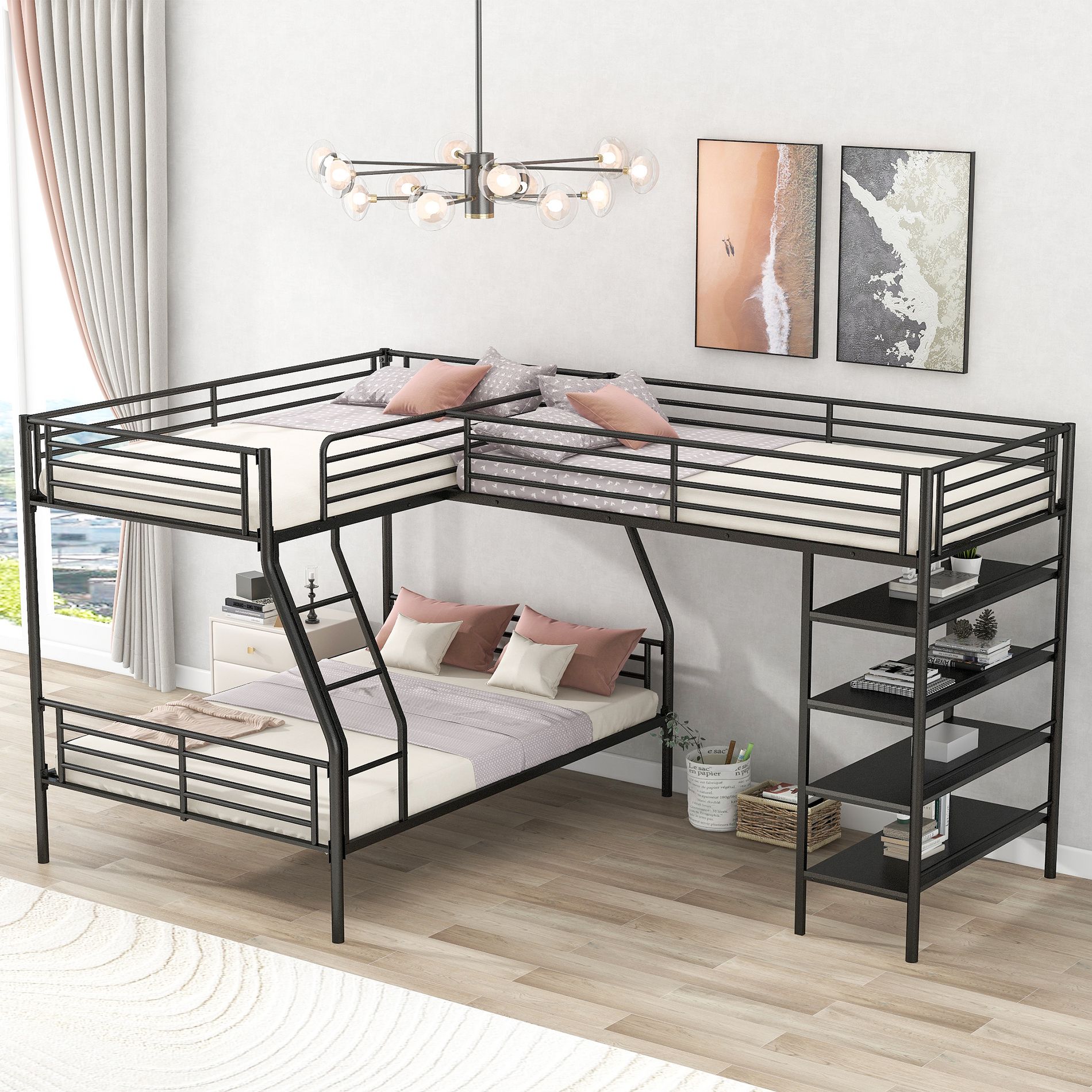 Metal Triple Bunk Bed, L Shaped Bunk Bed for 3 Kids, Twin over Full Bunk Bed and Twin Size Loft Bed with Four Built-in Shelves, Black