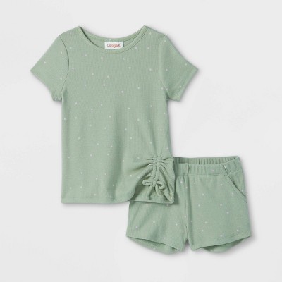 Toddler Girls' Dot Ribbed Cinched Short Sleeve Top and Shorts Set - Cat & Jack™ Olive 2T