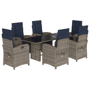 vidaXL 7-Piece Gray Poly Rattan Patio Dining Set with Navy Cushions - Adjustable Recliner Chairs & Tempered Glass Tabletop for Garden/Outdoor/Balcony - 1 of 4