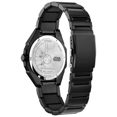 Midsize Black Stainless Steel Analog Wrist Watch with Death Star Design