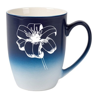 Elanze Designs Botanical Floral Nature Coffee Cup Mug 12 Ounce Ceramic With Ombre Gradient Elegant Minimalist Daylily Flower Silhouette Navy Blue and