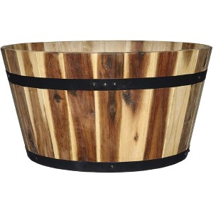Classic Home and Garden Acacia Wood Whiskey Barrel Planter with Black Metal Band - 1 of 3