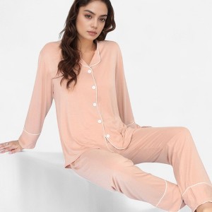Anna-Kaci Lounge Women's Long Sleeve Button Front Pajama Set with Contrast Piping Trim - 1 of 4