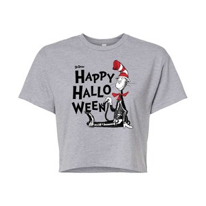 Women's - Dr. Seuss - Happy Halloween Skeleton Cat Cropped Graphic T-Shirt - 1 of 4