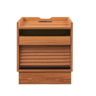 CAVINAS Mid Century Nightstand with Charging Station,Modern Bedside Table with LED lights, End Table with 2 Drawers for Bedroom