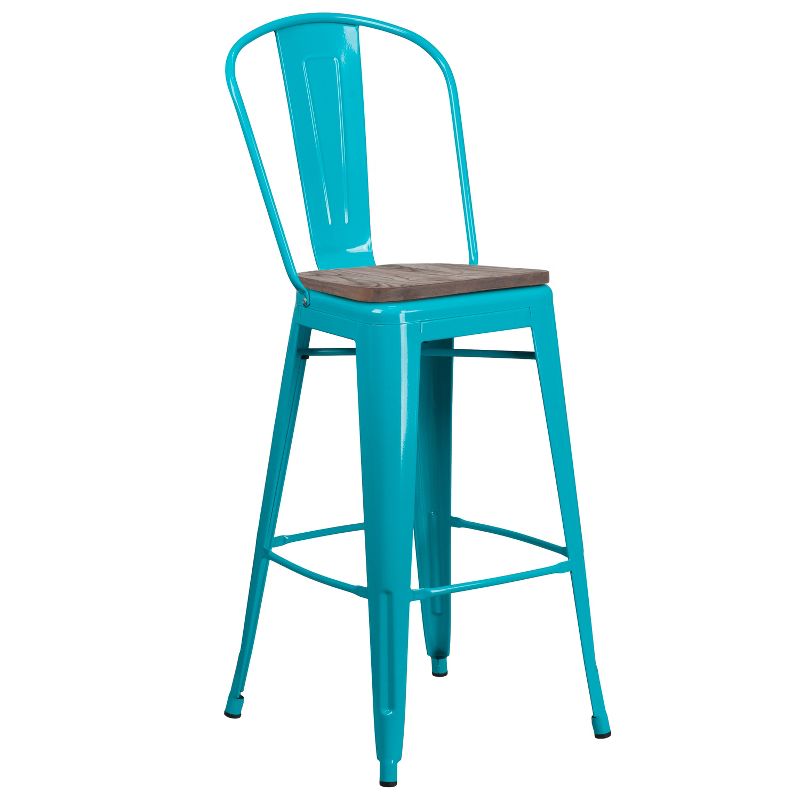 Merrick Lane 30" Metal Indoor-Outdoor Counter Stool with Vertical Slat Back, Integrated Footrest and Wood Seat, 1 of 9