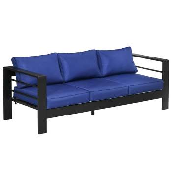 Outsunny Aluminum Cushioned Patio Furniture, Wide Armrests Outdoor Sofa, for Garden, Balcony, Navy Blue