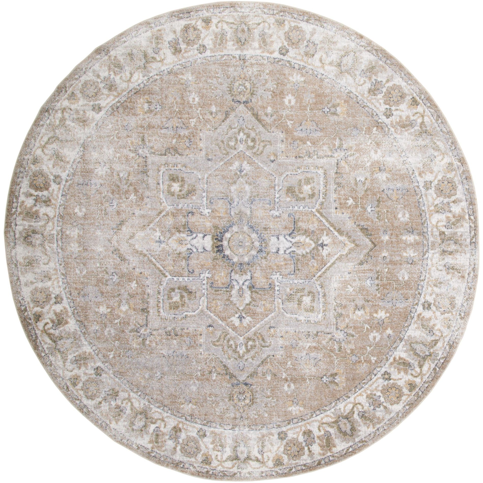 Nourison Astra Machine Washable 5'3" x Round Beige Vintage Indoor Flatweave Rug