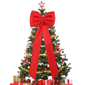 Orieon 25PCS Satin Christmas Tree Topper & Ribbon Bows Set, Red Wired Edge Long Tail Bows for Tree, Wreath, Garland, Gifts - 1 of 4